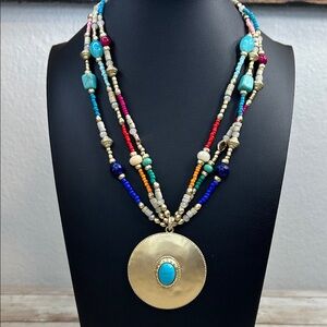 Chico’s Multicolor Beaded Necklace with Gold Pendant
